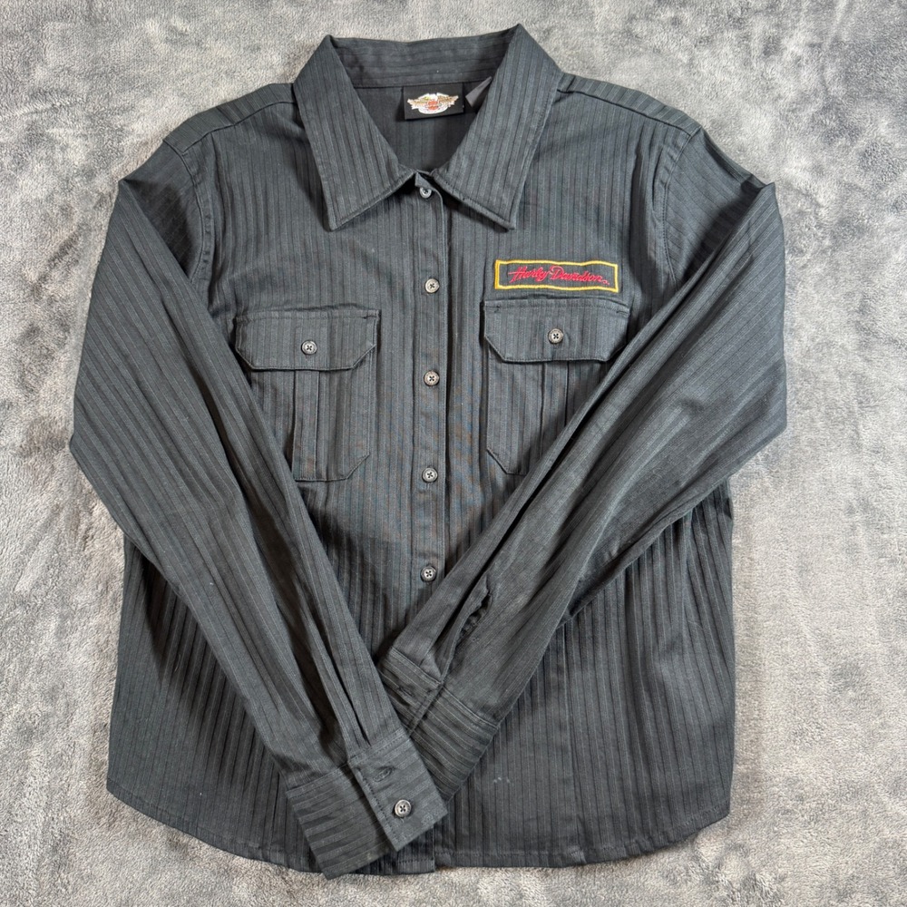 Harley-Davidson Womens XL Black Pinstripe Button Up Shirt American Legend Back